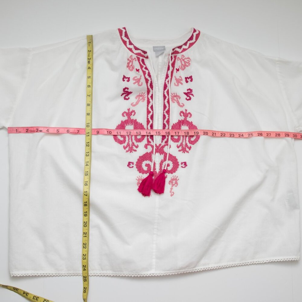 Chico's Embroidered Tie Neck Peasant Top 100% Cotton Haute Pink White Sz 2 12/14 - Picture 6 of 6